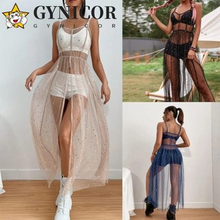 Đầm vải tuyn mùa hè GYNICOR, Bling Bling Dress Spaghetti Dây đeo nữ che đậy, Lưới cám dỗ chắp vá xuyên qua vai Váy đeo cổ chữ V Đồ bơi