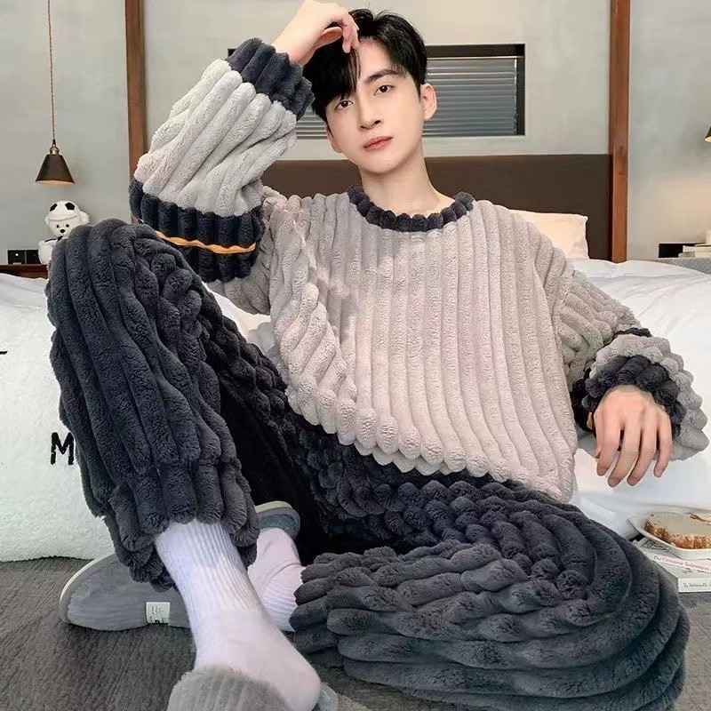 Phong Cách Mới San Hô Lông Cừu Bộ Đồ Ngủ Nam Plus Lông Cừu Dày Mùa Đông Thanh Niên Bé Trai Homewear Phù Hợp Với