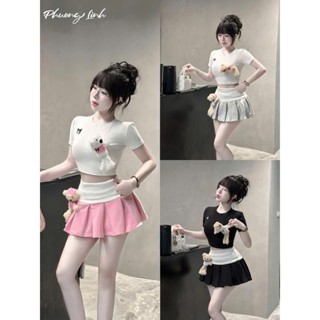 Sét bộ cộc tay cùng chân váy xếp ly lật viền ngắn kèm gấu cute - kieuphamclothing