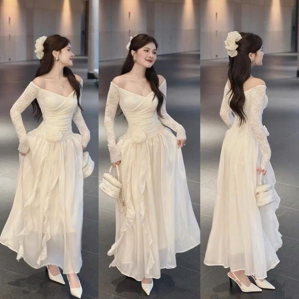 BIGSIZE HIẾU HIẾU (55-95KG) - Váy maxi đi biển tay dài ren trễ vai phối hoa eo D463