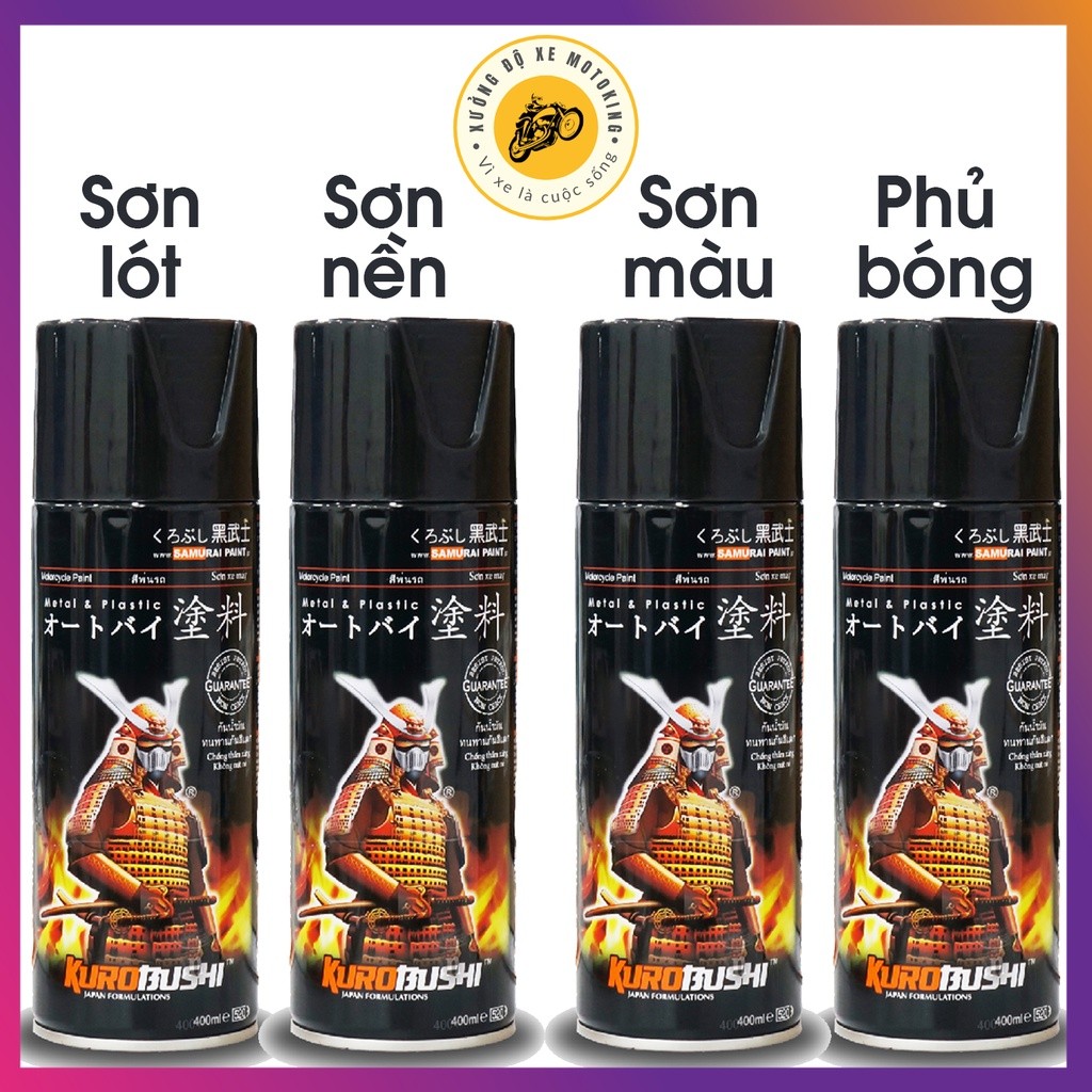 Sơn Samurai chuyên dùng cho xe máy đủ loại màu, Lót, Bóng, Chịu nhiệt, Chống cháy, Chống rạn nứt, Vò