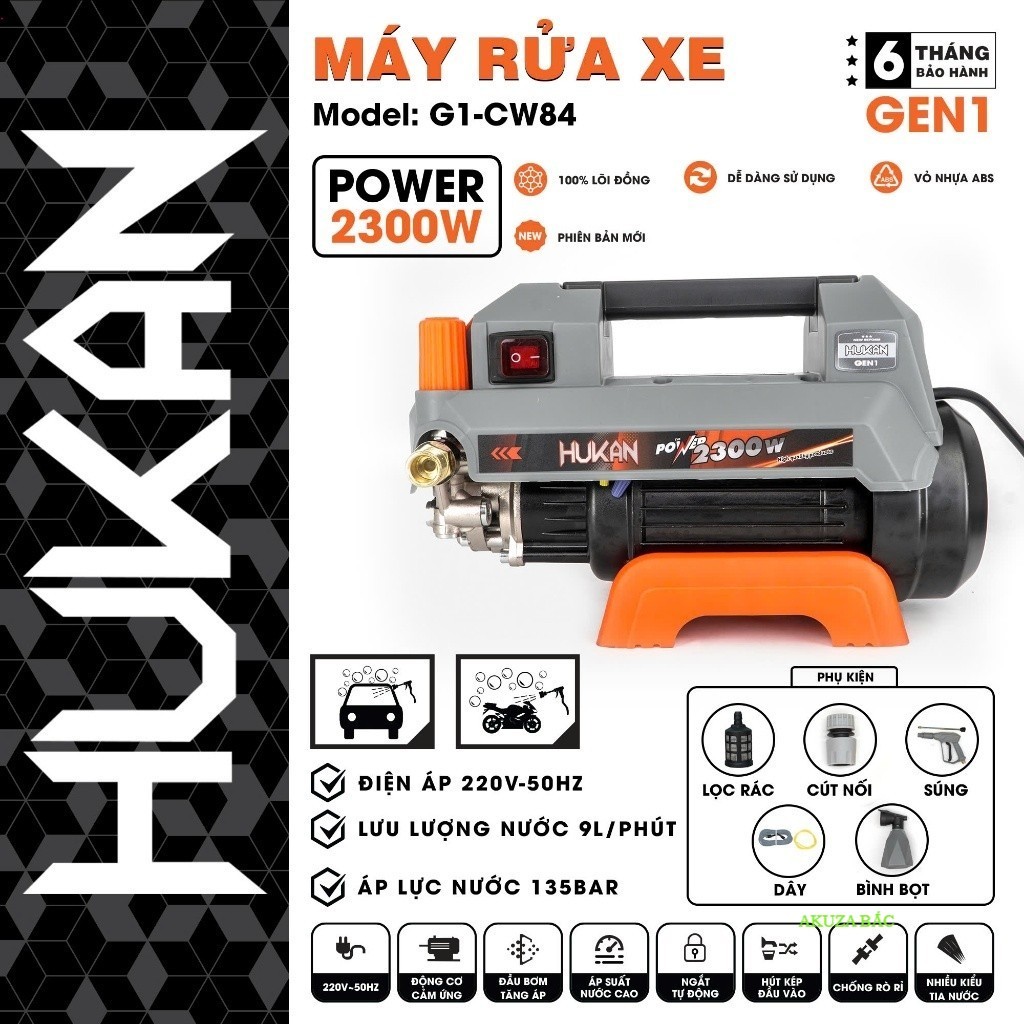 Máy rửa xe HUKAN G1-CW84 áp lực cao, Công suất 2300W - Có chỉnh áp - Motor đồng 100% Miền bắc