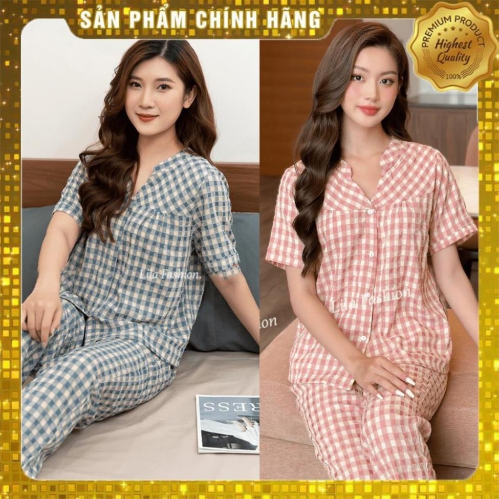 Bộ đồ nữ mặc nhà ngắn tay kẻ caro cao cấp mềm mịn, mát Giảm 20% Lila Dobothietke