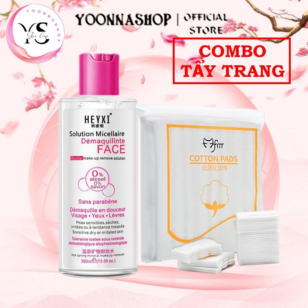 COMBO Nước Tẩy Trang Heyxi 300ml + Bông Tẩy Trang FM Cotton Pads 222 Miếng/Bịch Mềm Mịn 3 Lớp (A02+A181)