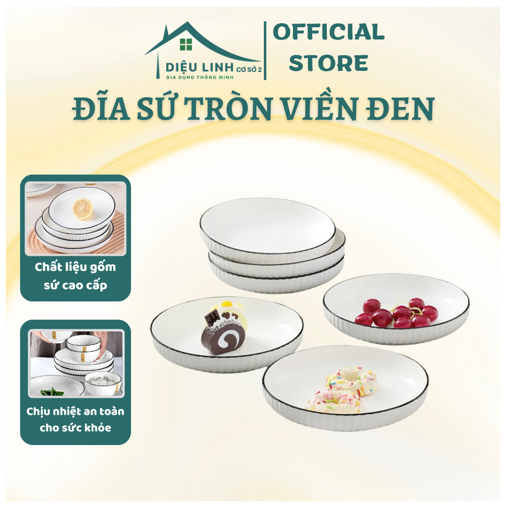 Đĩa Sứ Tròn Trắng Viền Đen Sứ Cao Cấp, Dày Dặn, Chịu Nhiệt Tốt Đường Kính 18cm