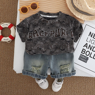 Set Bộ Áo Thun Tay Ngắn In Chữ Kèm Quần Jean Rách Cho Bé Trai 1-5 Tuổi MINTSCLOSET Quảng Châu TN3474