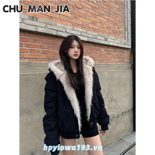 Mỹ Retro Phong Cách Lười Lớn Cổ Lông Thú Sang Trọng Có Mũ Trùm Đầu Áo Khoác Cotton Nam Nữ Mùa Đông Rời Thường Ngày Ấm Áp Áo Khoác Cotton