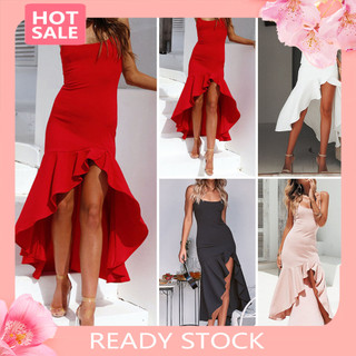 [Ca] Đầm Nữ Ruffle Không Đều Viền Lưng Không Tay Cắt Thấp Skinny Màu Trơn Co Giãn Spaghetti Dây Đeo Dự Tiệc Trượt Câu Lạc Bộ Đầm Maxi