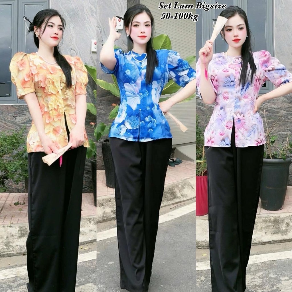 Set Bộ Đồ Bà Ba Bigsize Nữ Mặc Nhà, Đi Lễ Chùa Áo Hoa Cổ Tròn Đính Ngọc Trai Kèm Quần Dài Vải Lụa Ma