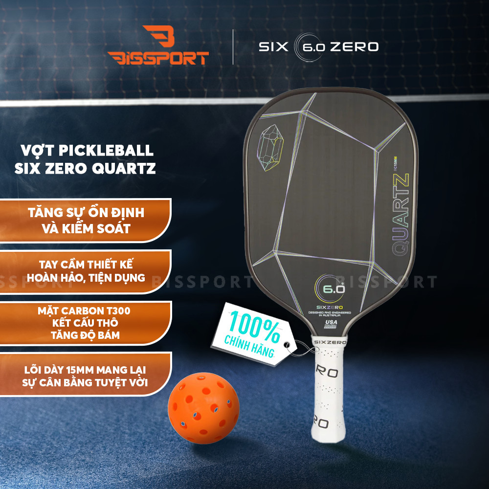 Vợt Pickleball Six Zero Quartz Chính Hãng Đen Viền Đen - Đập Mạnh Mẽ, Kiểm Soát Hoàn Hảo - Lõi Compo