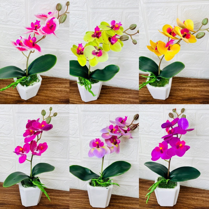 Chậu hoa Lan hồ điệp  mini để bàn cao 30cm-hoa giả