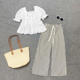 Set đồ bigsize nữ áo kiểu bèo bo tay che khuyết điểm phối quần ống suông xinh xắn cho nàng chuppy - SET( SM36 + Q534)