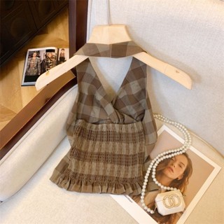 Retro Kẻ Sọc Kink Dây Cổ Nhỏ Sling Dây Ôm Hơn Nhìn Áo Vest Nữ Phong Cách Mới Mùa Hè Mặc Ngoài