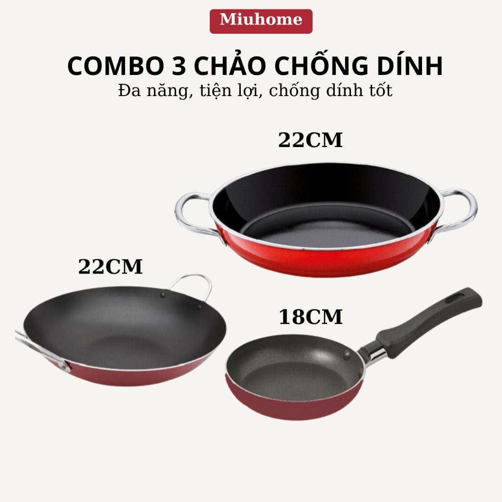 Combo 3 chảo chống dính hợp kim nhôm cao cấp dùng cho bếp gas, củi, hồng ngoại size 18-22cm