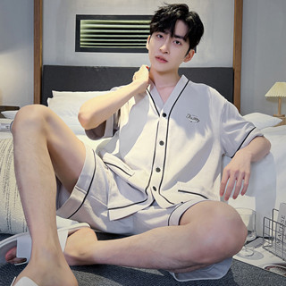 Bộ đồ ngủ nam Cotton nguyên chất Bộ đồ ngắn tay 2024 Áo len Cardigan thông thường mới