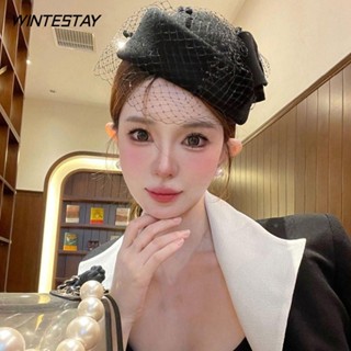 WINTESTAY  Mũ nơ có tấm che mặt, Mũ len Cashmere phong cách Anh, Mũ trang trọng dành cho nữ