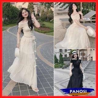  Set bộ váy trễ vai dáng dài set váy maxi đi biển hoa tiết tua rua mix áo trễ vai kiểu nhún chất tăm B190-PANOSI 