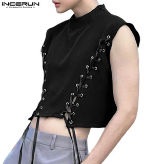 INCERUN Nam Thời Trang Cá Tính Dây Rút Hai Mặt Mắt Gà Áo Vest Ngắn Tay