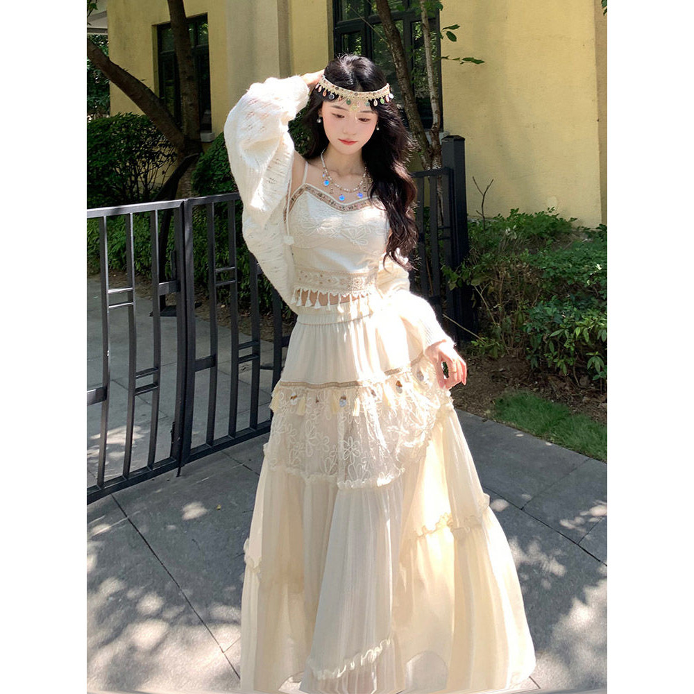 Bohemian Rhapsody Áo Hai Dây Cảm Giác Thiết Kế Phong Cách Dân Tộc Cổ Điển Bộ Đồ Nửa Váy Dài Tua Rua 