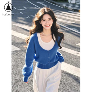 Áo len hai mảnh giả set đồ nữ màu xanh Hàn Quốc áo len cardigan nữ mùa thu đông phong cách lười biếng