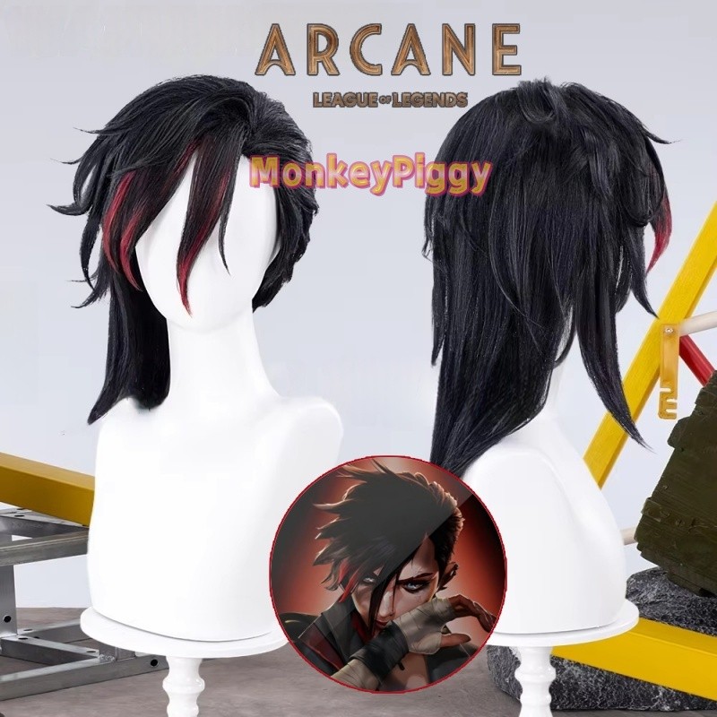 Arcane Season 2 VI Cosplay Tóc Giả 45cm Đen Đỏ Chuyển Đổi Chịu Nhiệt Chất Lượng Cao Kèm Mũ