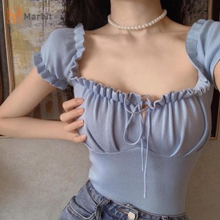 Marbit Crop Top Nữ Dệt Kim Áo Dây Rút Xù Tee Crop Top Off Vai Tee Y2K Áo Mới
