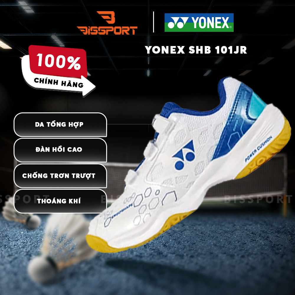 Giày Cầu Lông Yonex SHB101CR Trắng Xanh Chính Hãng Cho Bé – Quai Dán – Bảo Vệ An Toàn, Di Chuyển Mượ