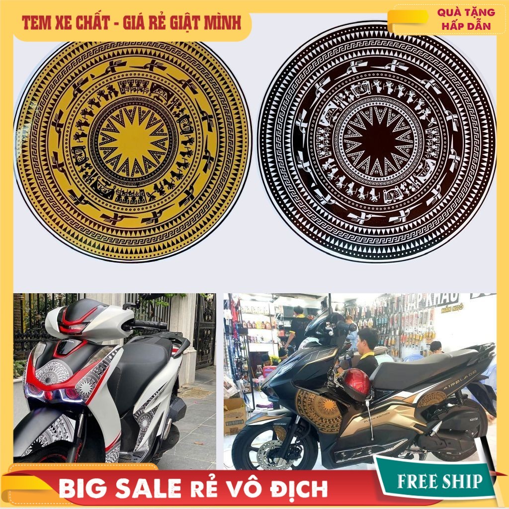 Hình dán Decal trống đồng kích thước nhỏ trang trí xe máy, xe đạp điện, mặt xe vespa, che vết xước