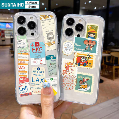 Suntaiho Fun Postmark Phim hoạt hình trong suốt Vỏ điện thoại TPU mềm trong suốt Vỏ chống sốc cao cấp cho iPhone 11 12 13 14 15 16 Pro max IP 7 8 Plus Iphon X Xs XR Xs max