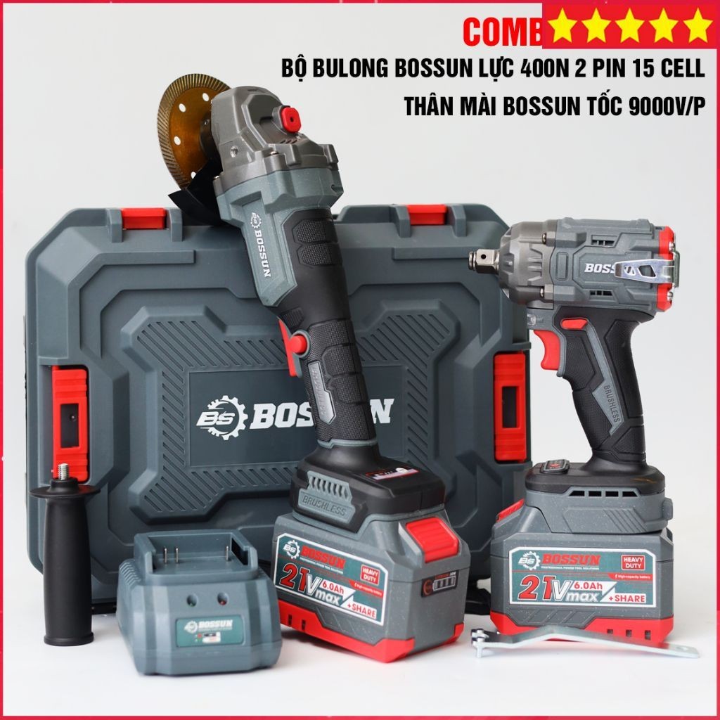 COMBO MÁY SIẾT BULONG + MÁY MÀI PIN BOSSUN M21B-AG100PRO, KHÔNG CHỔI THAN, PIN 15CELL, CHÂN PIN PHỔ 