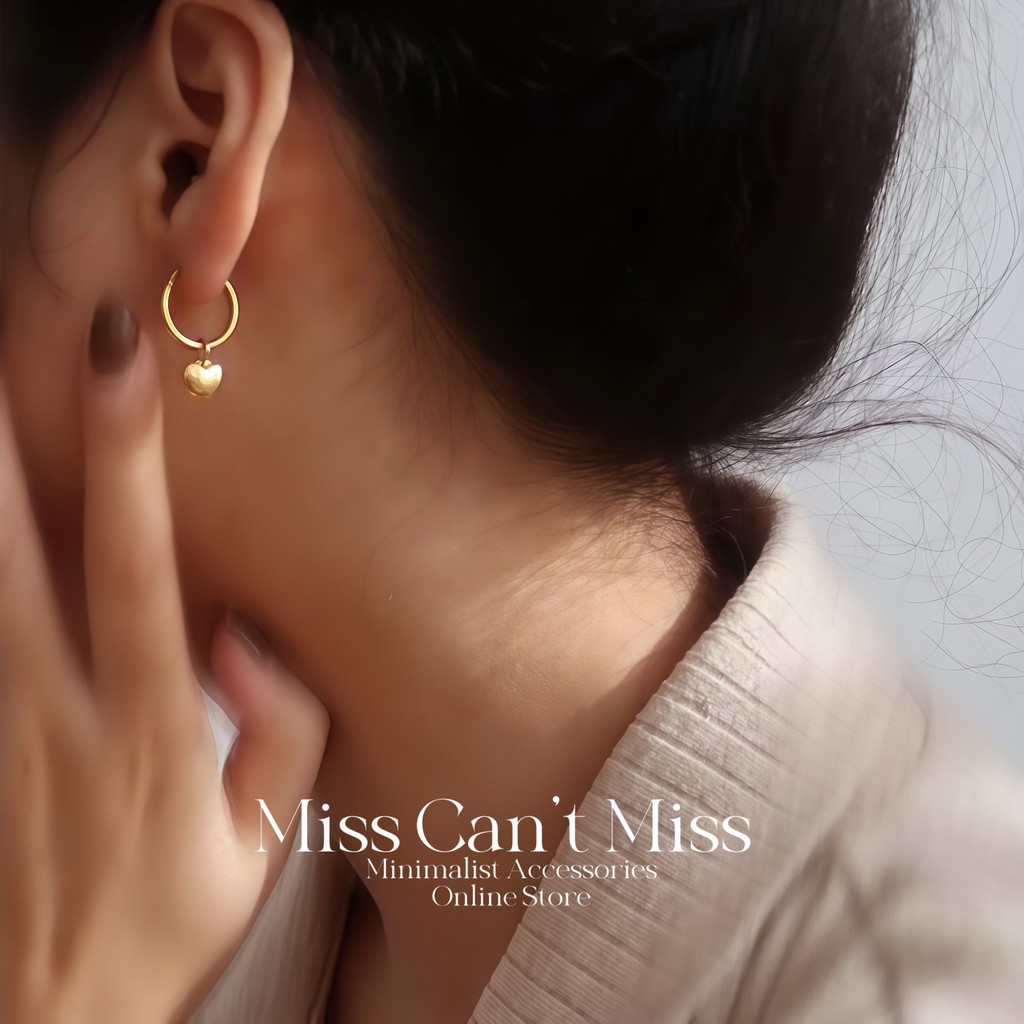 [Miss Can 't Miss] E096 Bông tai hình trái tim vàng bằng thép không gỉ không gỉ Bông tai vòng cổ điể