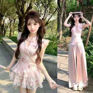 Set đồ thiết kế cổ tàu tay bèo bay, vạt chéo ôm dáng màu hồng ngọt ngào phong cách Trung Quốc mới