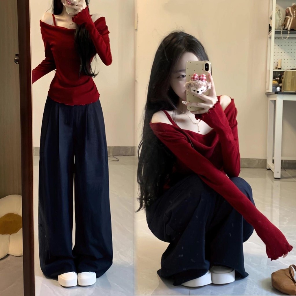 Women's Sweet Bottoming Shirt off-Shoulder Knitted False Two Pieces Style Slim Fit off-Shoulder Pure