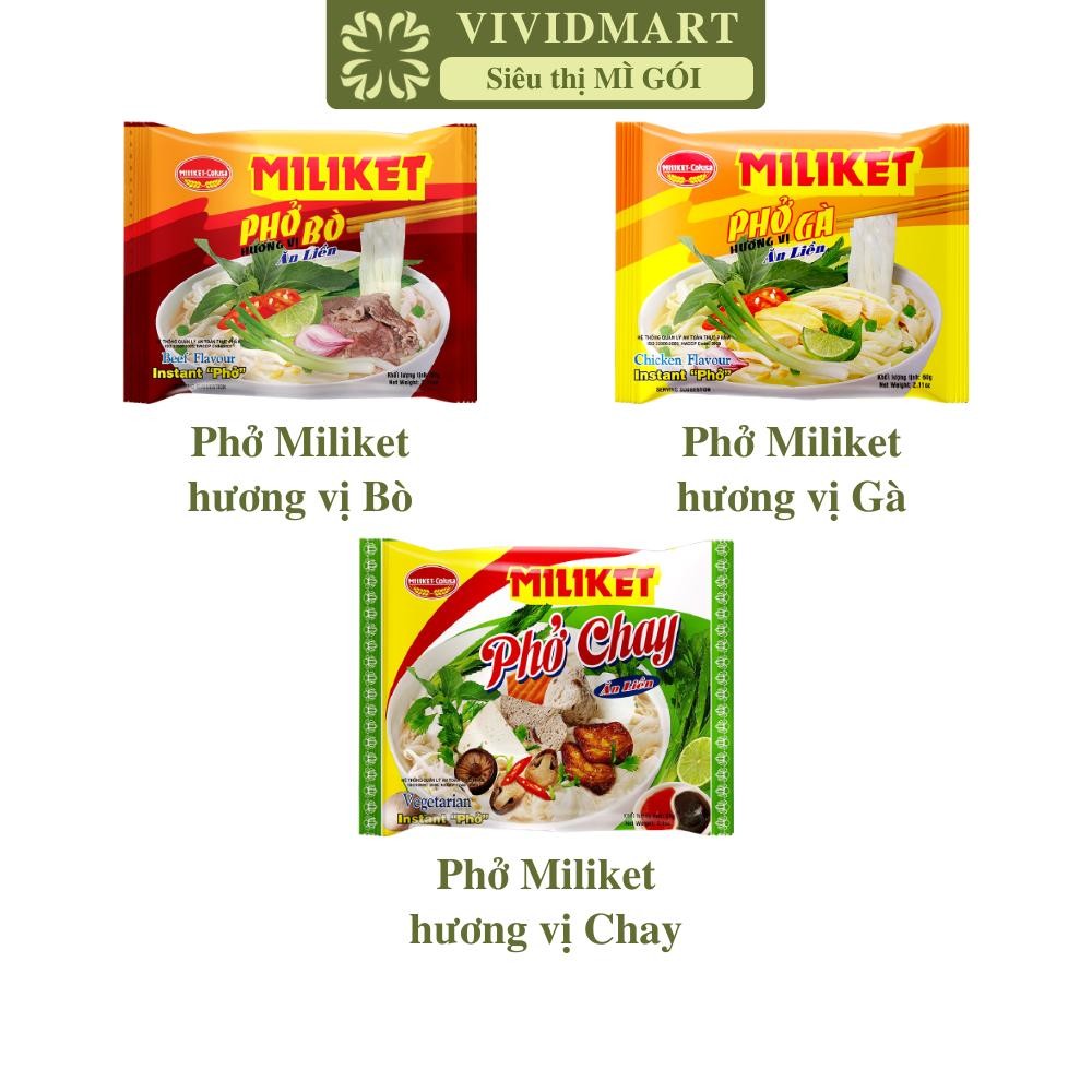[GÓI LẺ] - COLUSA - Phở Miliket 3 vị: Bò, Gà, Chay, Phở ăn liền Miliket, Miliket phở gói nước (60g/g
