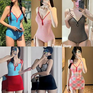 Đồ Bơi Nữ Dopamine Bikini Dễ Thương Một Mảnh Đồ Bơi Phong Cách Hàn Quốc Kẻ Sọc Xanh Đi Biển Một Mảnh Bikini Bộ