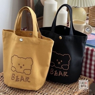  Limited Time Discount Japanese Style Embroidery Original Bear Bucket Tote Canvas Bag Simple All-Match Small Capacity Portable Bento Lunch Box Women's Bag 