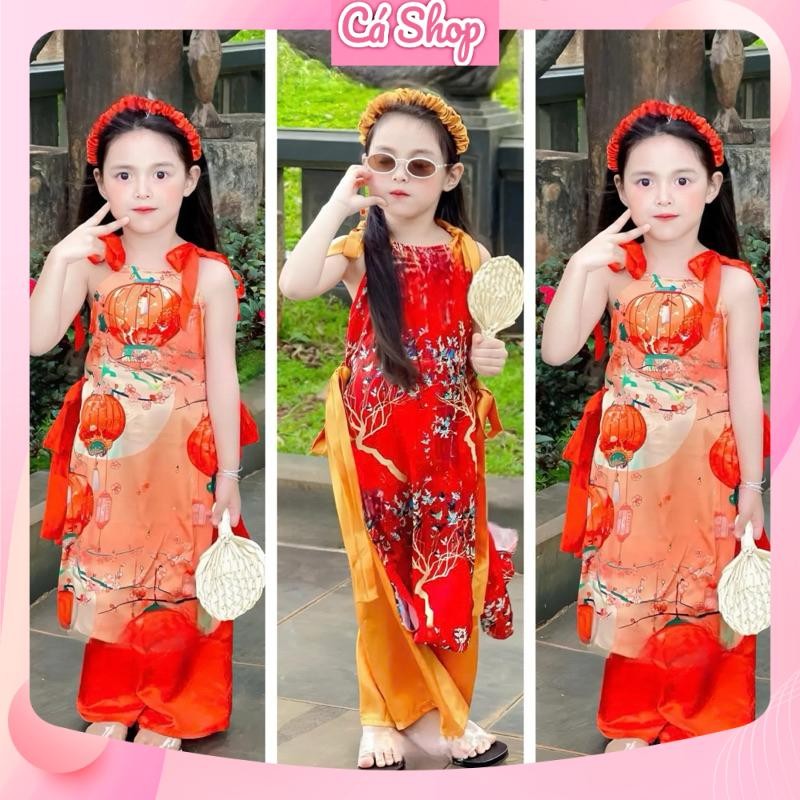 Xả Set áo dài tết trung thu bé gái CS743, Áo dài 2 dây ĐÈN LỒNG - HOA quần lụa kèm bờm cho bé gái