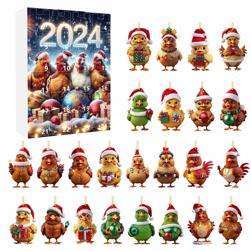 Nhà Giáng Sinh 2D Bốn Con Gà Mặc Mũ Ông Già Noel Đồ Trang Trí Ngày Lễ Giáng Sinh 2024 Đồ Trang Trí 2