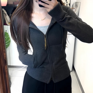 Áo len dệt kim kiểu Hàn Quốc dáng ngắn có khóa kéo kẻ sọc cổ điển kiểu Mỹ Áo Khoác Cardigan Nữ Xuân Thu Đông