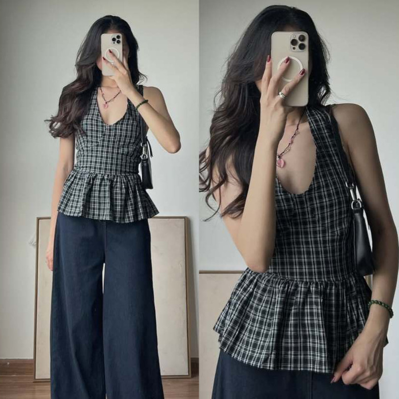 Áo kiểu cổ yếm bo eo chun thắt nơ kẻ caro kiểu dáng mùa hè Kimee House - KA553