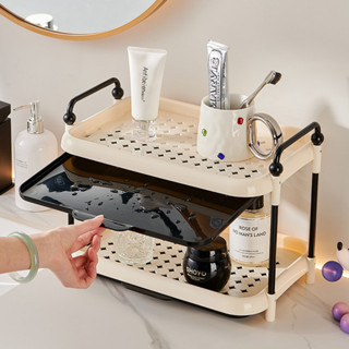 Kệ để cốc uống nước có khay hứng nước màu trắng kem, Kệ đựng cốc nước nhựa 2 tầng để bàn nhà bếp KC2