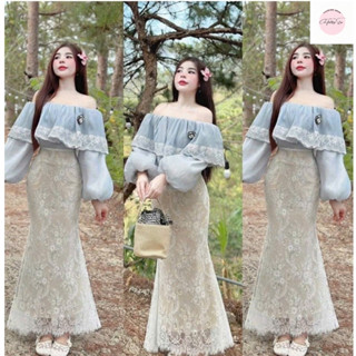 Set Váy Ren hoa đuôi cá 2 lớp kèm áo Voan phối ren trễ vai đính phụ kiện hoa trà đi biển