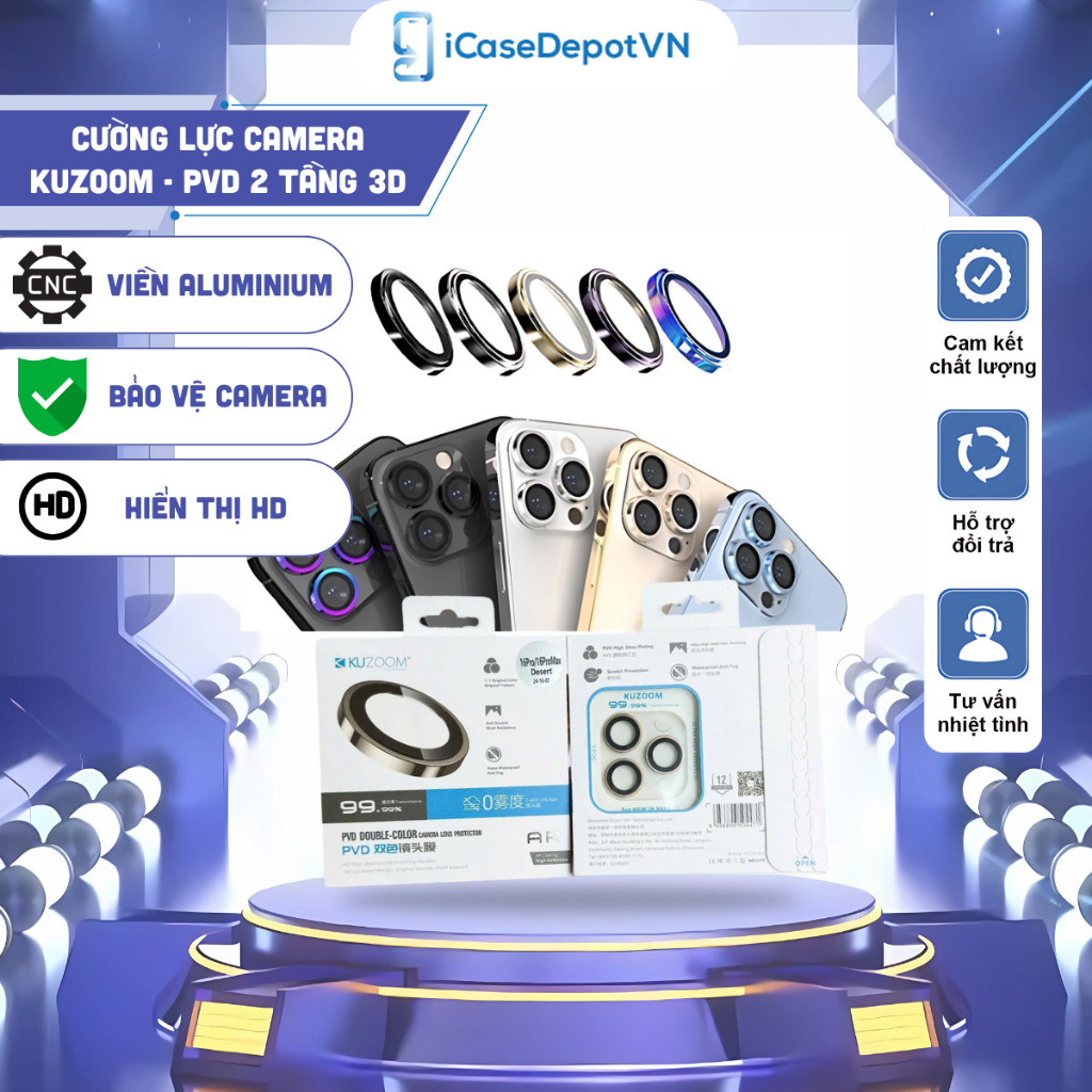 Cường lực dán bảo vệ Camera KUZOOM PVD 2 Tầng 3D CAO CẤP cho IPHONE 16 PRO MAX - Iphone 11 - iCaseDe