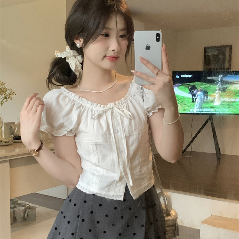 Bh nữ ren ren bong bóng tay áo ngắn cổ tròn ngắn tay