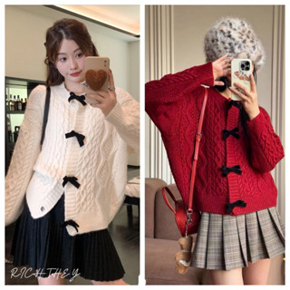 RICH-THEY Áo Cardigan Len Dày Nơ Kiểu Pháp Dành Cho Nữ Mùa Thu Đông Áo Len Dệt Kim Xoắn Mới, Áo Khoác