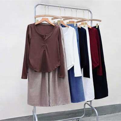 Set Áo Quần Bigsize Nữ Áo Thun Ôm Tay Dài Kèm Quần Ống Rộng Chất Đũi Vân Mây Mùa Thu Đông A330+Q564