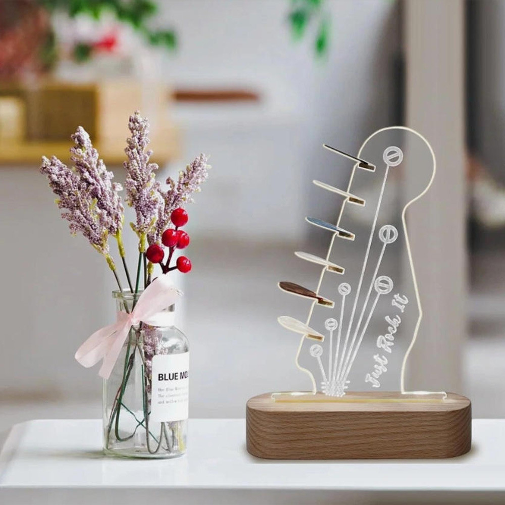 Light Up Guitar Pick Holder with 6 Guitar Picks, Real Hardwood & Acrylic Music Note Pick Holder Case