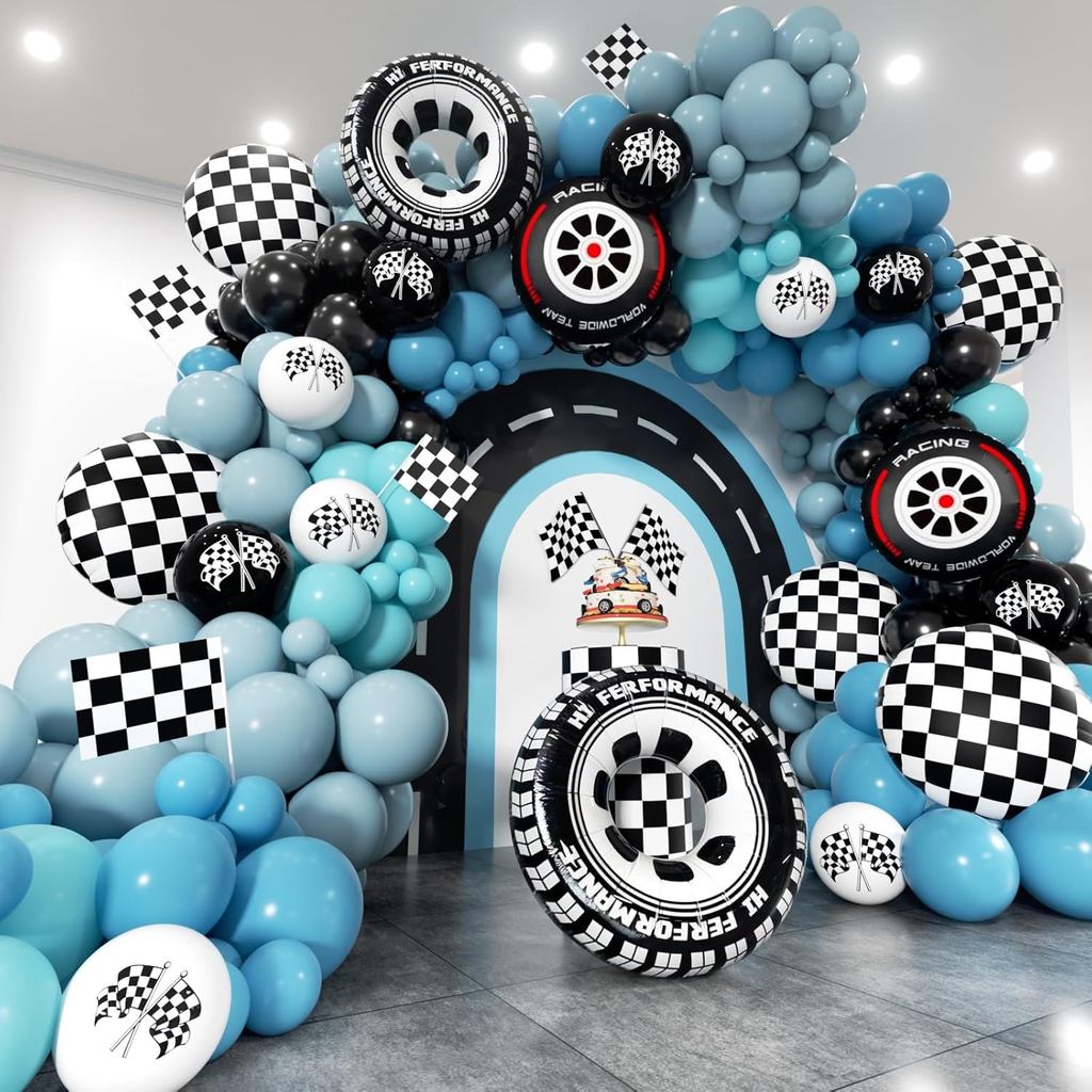 Bộ vòm bóng bay ô tô đua - 175 chiếc Bóng bay kích thước khác nhau Cờ lốp ca rô Đen xanh trắng Bóng 