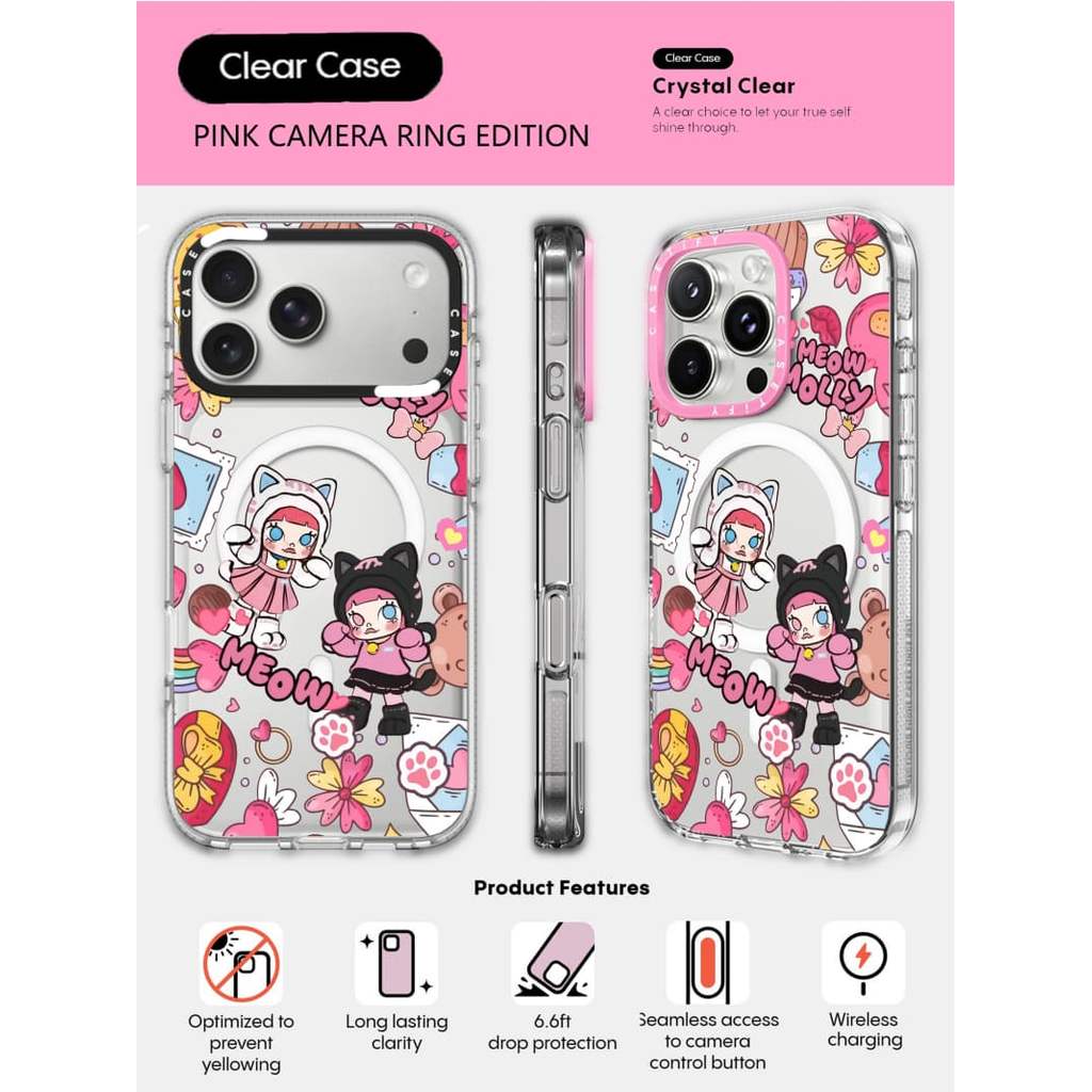 CASECASE X Meow Molly Case HỒNG CAMERA RING EDITION Tác động Vỏ hút từ tính trong suốt cho iPhone 17