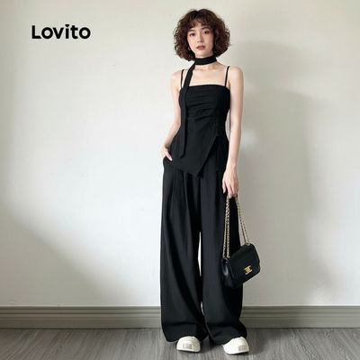 Lovito Phong cách thường ngày Bộ trang phục nữ quần dài thắt nơ thời trang Xuân/Hè quần đen L142LD229